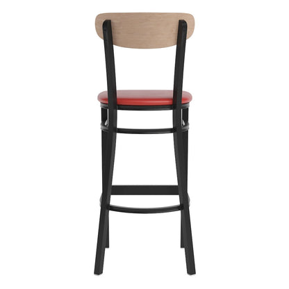 Barstool, Natural Birch Finish Wooden Boomerang Back, and Red Vinyl Seat