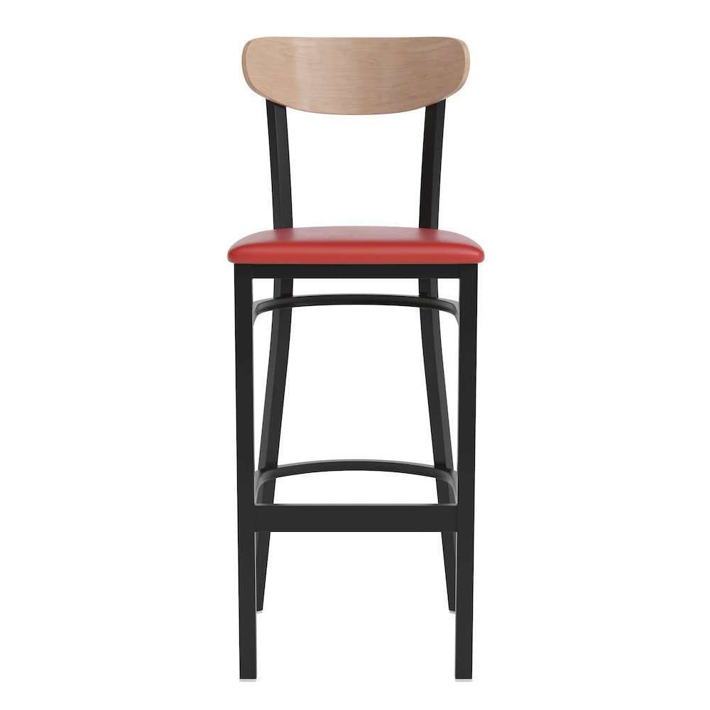 Barstool, Natural Birch Finish Wooden Boomerang Back, and Red Vinyl Seat