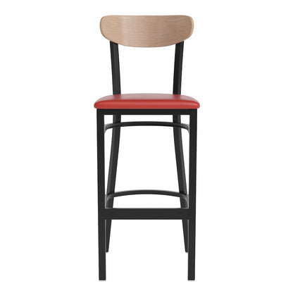 Barstool, Natural Birch Finish Wooden Boomerang Back, and Red Vinyl Seat