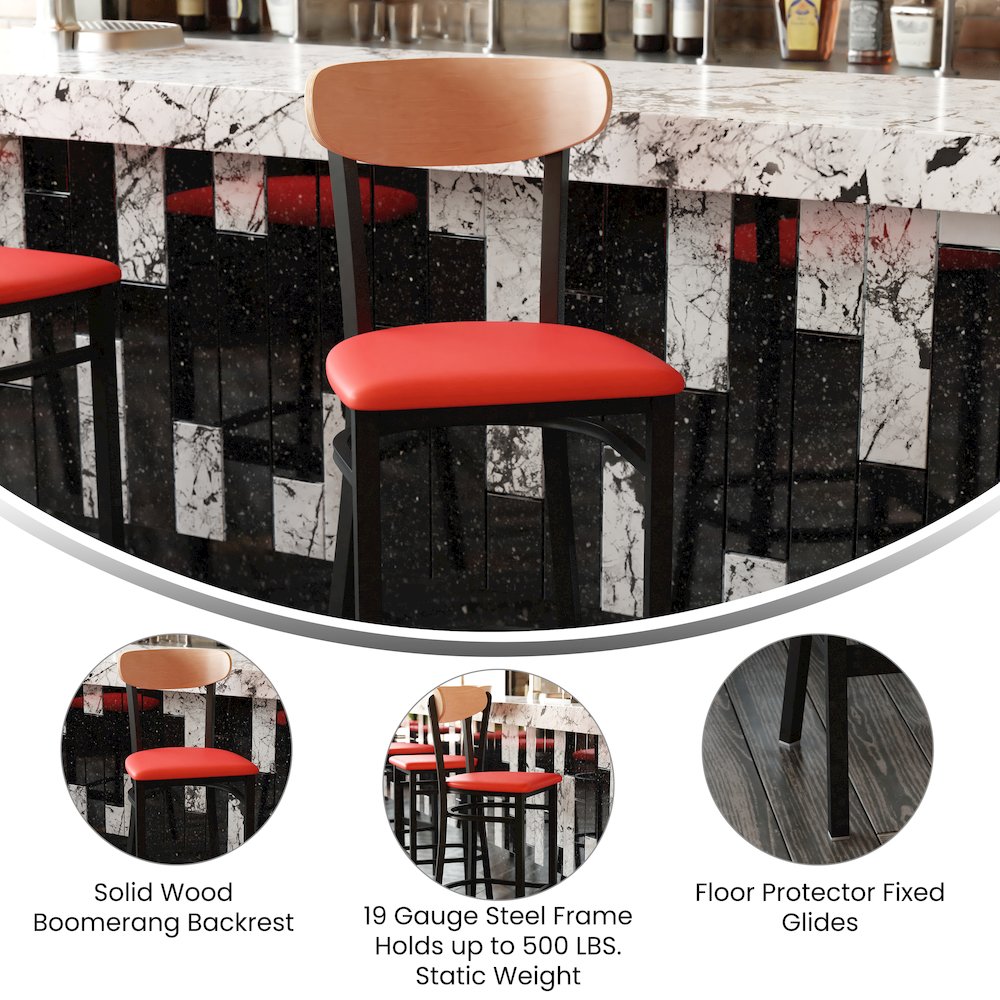 Barstool, Natural Birch Finish Wooden Boomerang Back, and Red Vinyl Seat