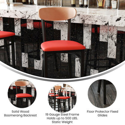 Barstool, Natural Birch Finish Wooden Boomerang Back, and Red Vinyl Seat