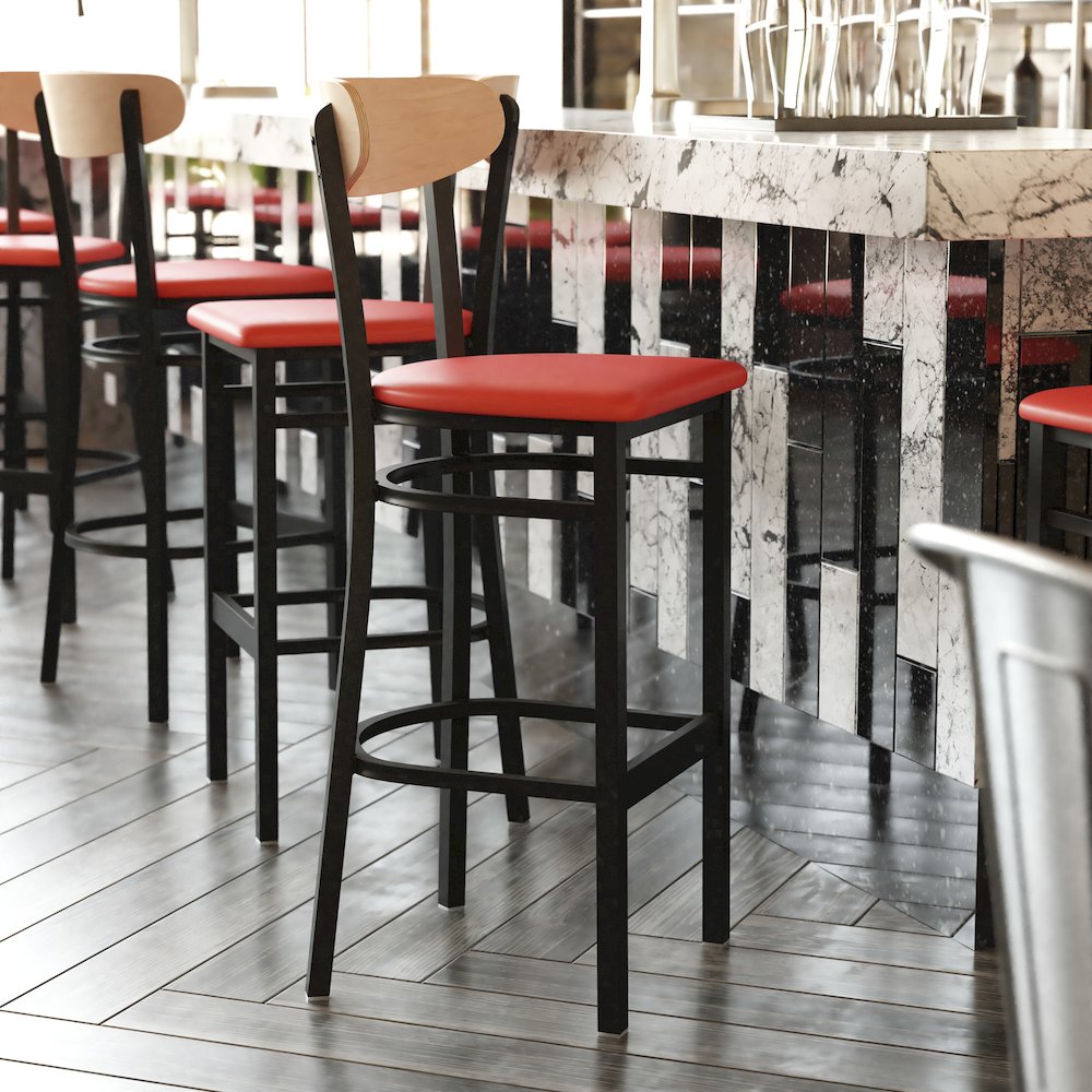 Barstool, Natural Birch Finish Wooden Boomerang Back, and Red Vinyl Seat