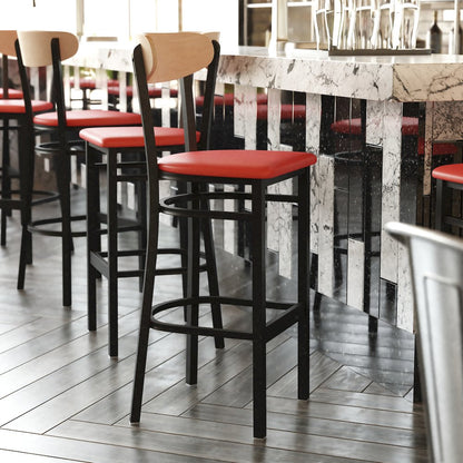 Barstool, Natural Birch Finish Wooden Boomerang Back, and Red Vinyl Seat