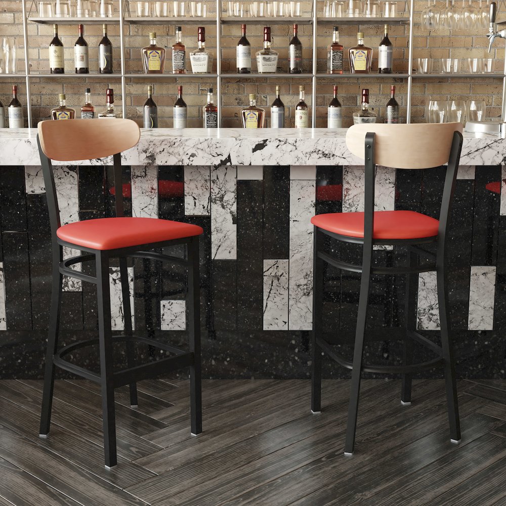 Barstool, Natural Birch Finish Wooden Boomerang Back, and Red Vinyl Seat