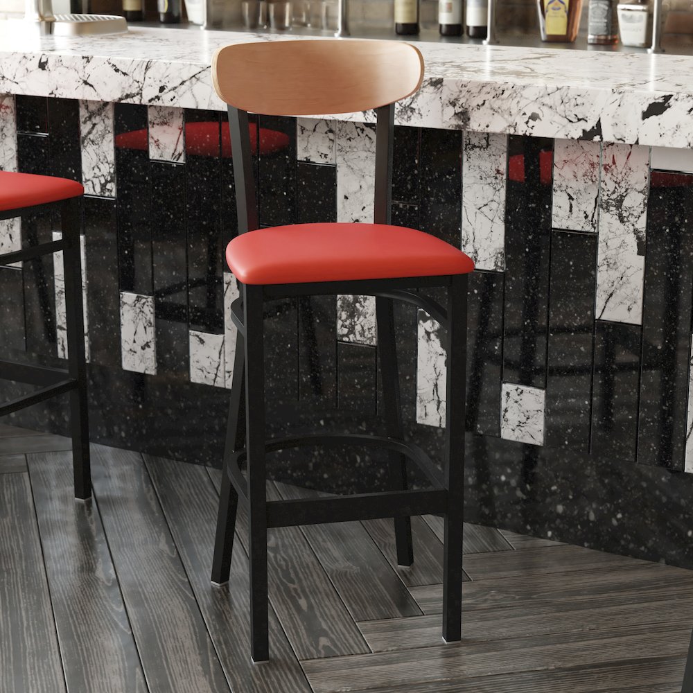 Barstool, Natural Birch Finish Wooden Boomerang Back, and Red Vinyl Seat