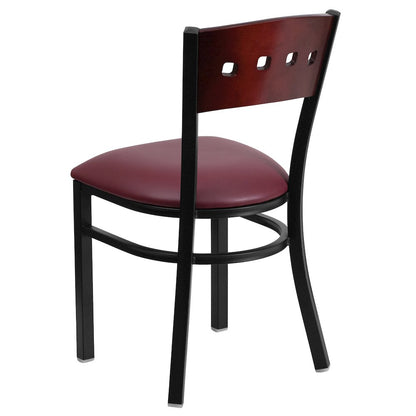 Black 4 Back Metal Restaurant Chair - Mahogany Wood Back, Burgundy Vinyl Seat