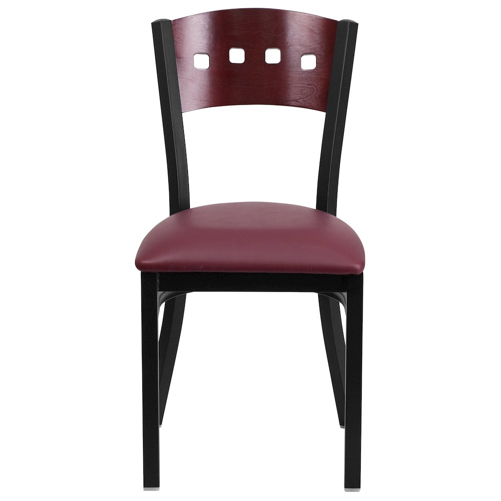 Black 4 Back Metal Restaurant Chair - Mahogany Wood Back, Burgundy Vinyl Seat