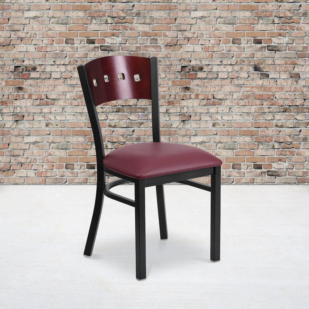 Black 4 Back Metal Restaurant Chair - Mahogany Wood Back, Burgundy Vinyl Seat