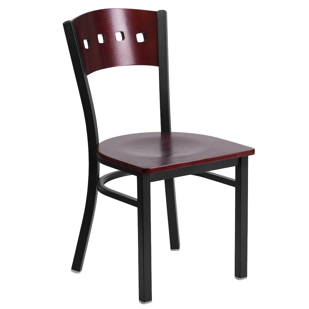 Black 4 Square Back Metal Restaurant Chair - Mahogany Wood Back & Seat