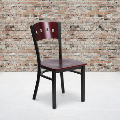 Black 4 Square Back Metal Restaurant Chair - Mahogany Wood Back & Seat