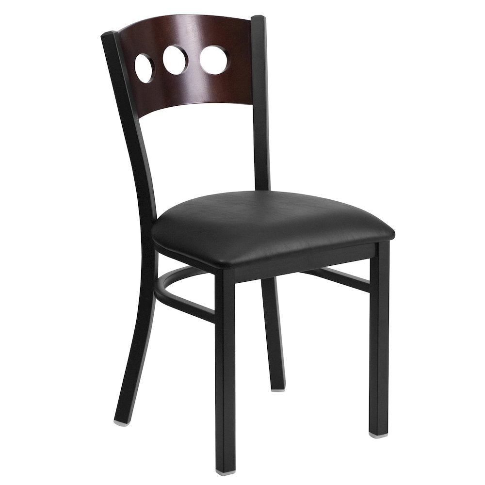 Black 3 Circle Back Metal Restaurant Chair - Walnut Wood Back, Black Vinyl Seat