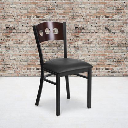 Black 3 Circle Back Metal Restaurant Chair - Walnut Wood Back, Black Vinyl Seat