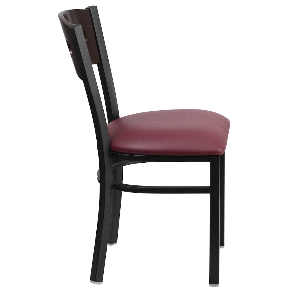 Black 3 Circle Back Metal Restaurant Chair - Walnut Wood Back, Burgundy Vinyl Seat