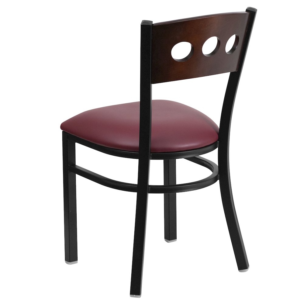 Black 3 Circle Back Metal Restaurant Chair - Walnut Wood Back, Burgundy Vinyl Seat