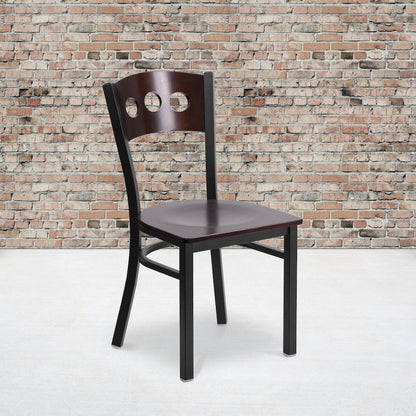 Black 3 Circle Back Metal Restaurant Chair - Walnut Wood Back & Seat