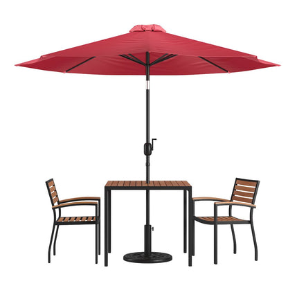 5 Piece Patio Table Set with 2 Stackable Chairs, 35" Table, Red Umbrella, Base