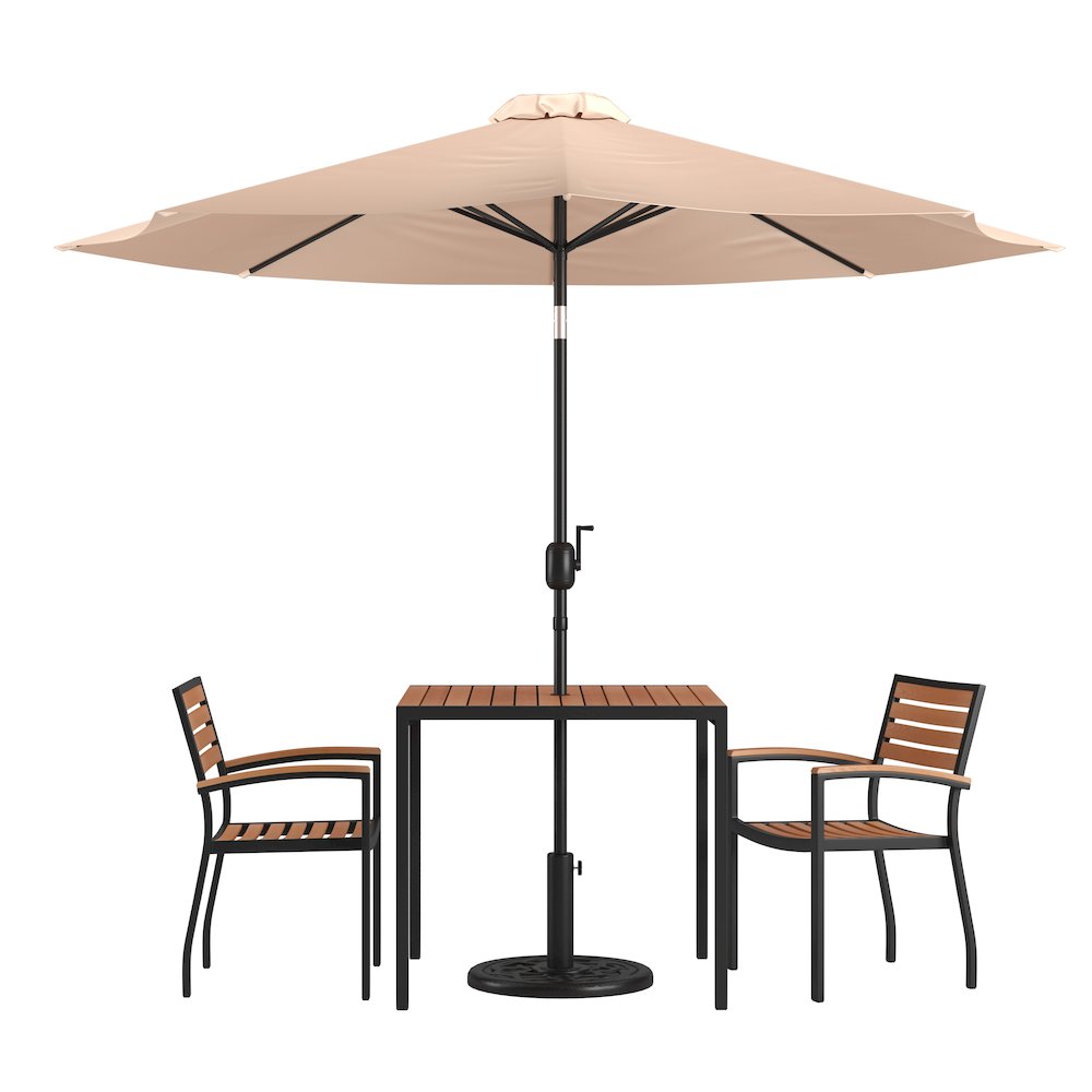 5 Piece Patio Table Set with 2 Stackable Chairs, 35" Table, Tan Umbrella, Base