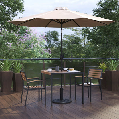 5 Piece Patio Table Set with 2 Stackable Chairs, 35" Table, Tan Umbrella, Base