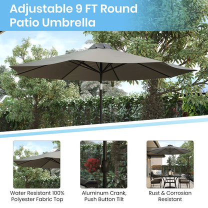 7 Piece Patio Table Set with 4 Stackable Chairs, 35" Table, Gray Umbrella, Base