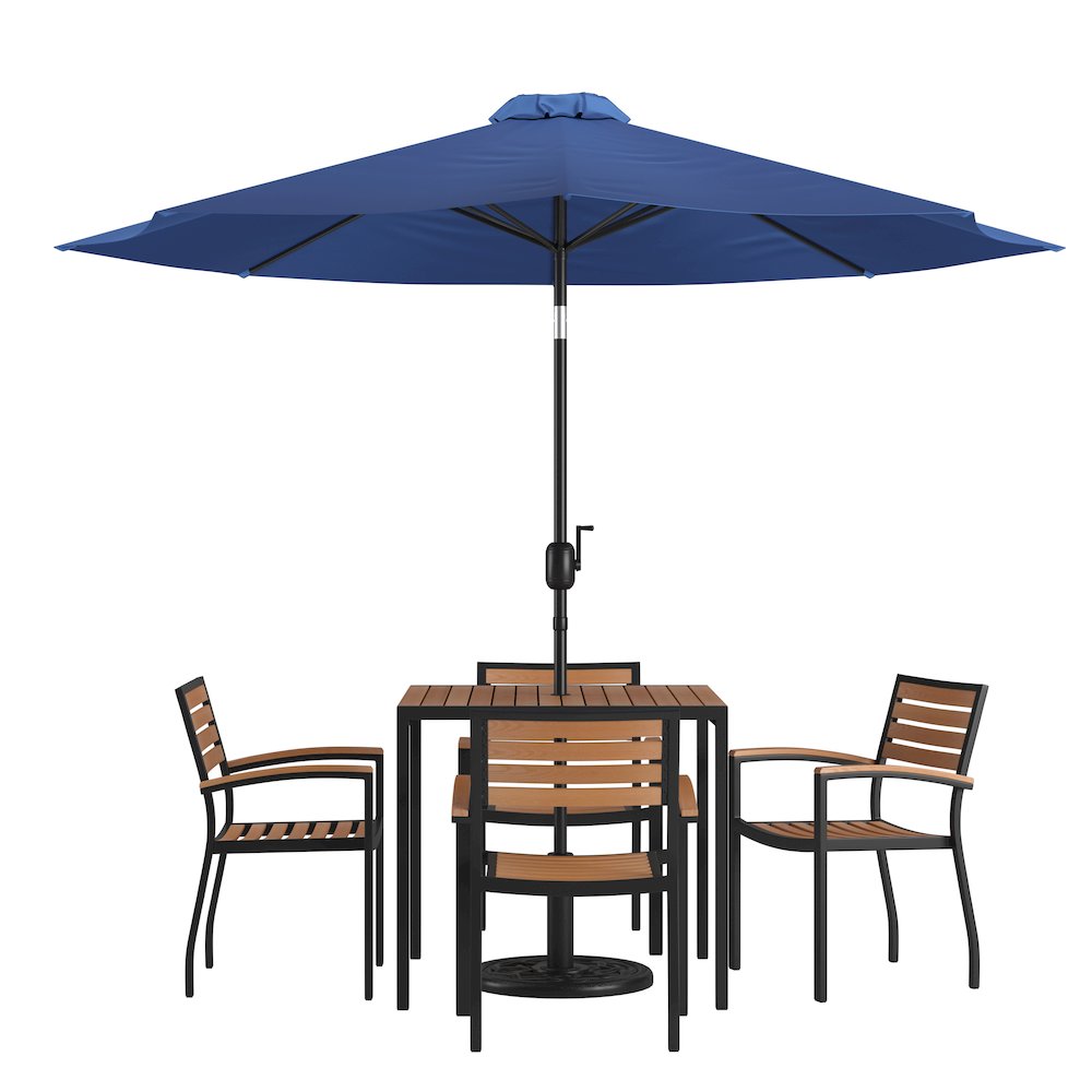 7 Piece Patio Table Set with 4 Stackable Chairs, 35" Table, Navy Umbrella, Base