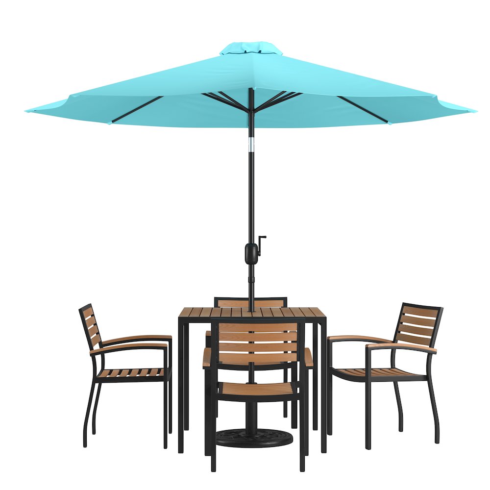 7 Piece Table Set - 4 Stackable Chairs, 35" Table, Teal Umbrella, Base