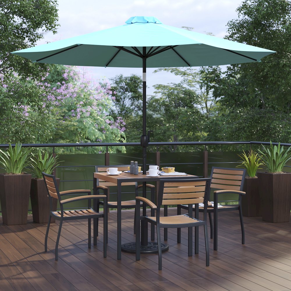 7 Piece Table Set - 4 Stackable Chairs, 35" Table, Teal Umbrella, Base