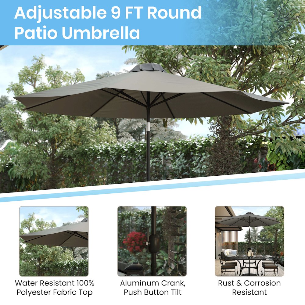 5 Piece Patio Set-2 Stacking Chairs, 35" Table, Gray Umbrella, Base