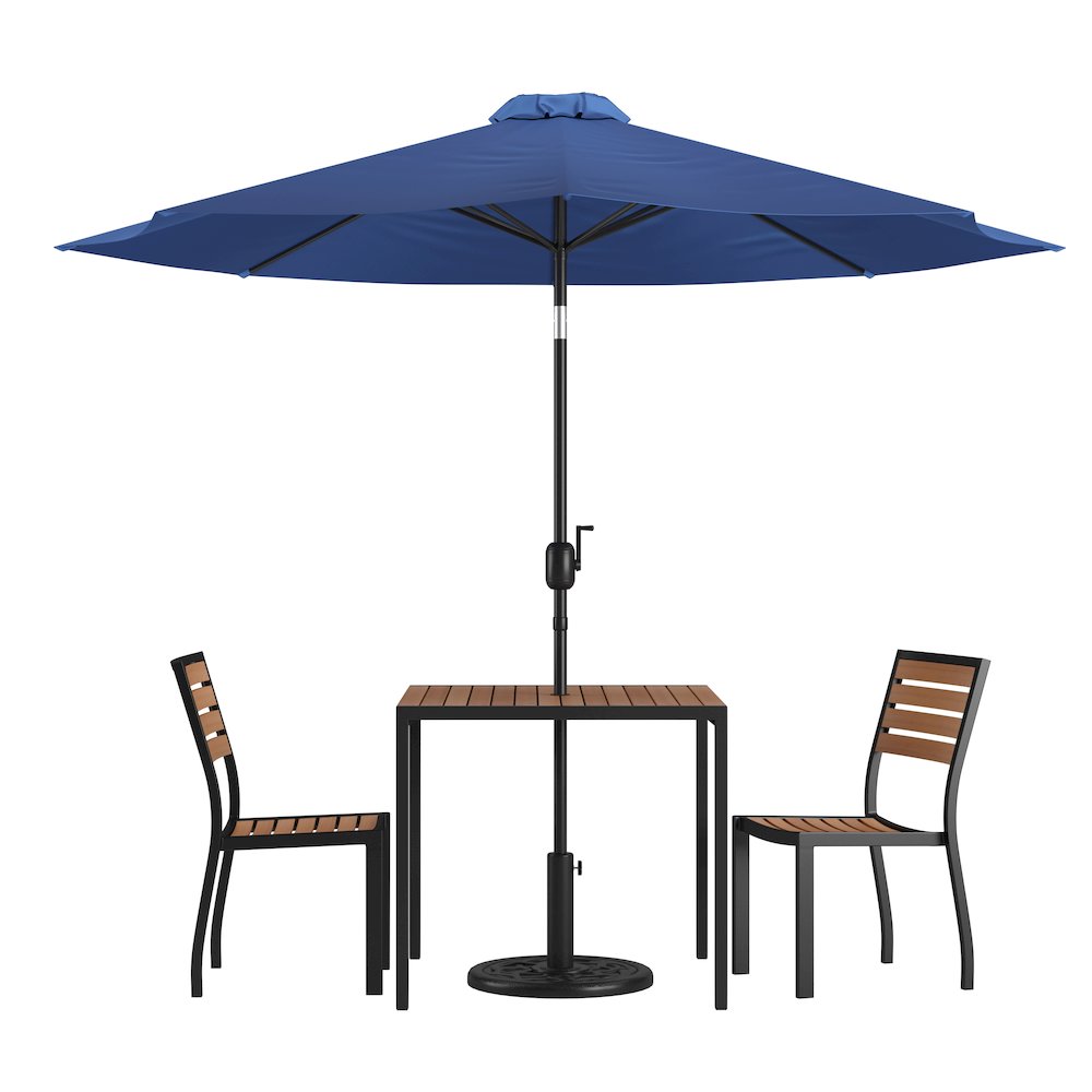 5 Piece Patio Set-2 Stacking Chairs, 35" Table, Navy Umbrella, Base