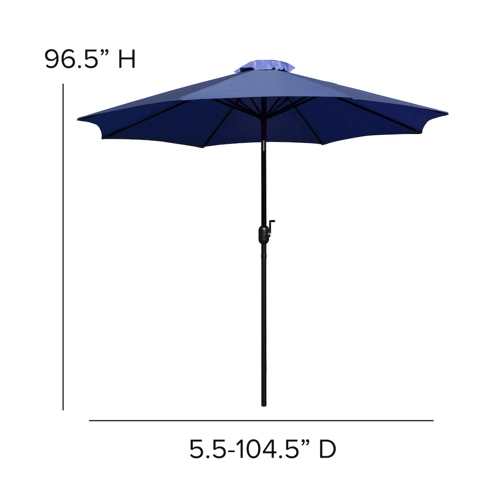 5 Piece Patio Set-2 Stacking Chairs, 35" Table, Navy Umbrella, Base
