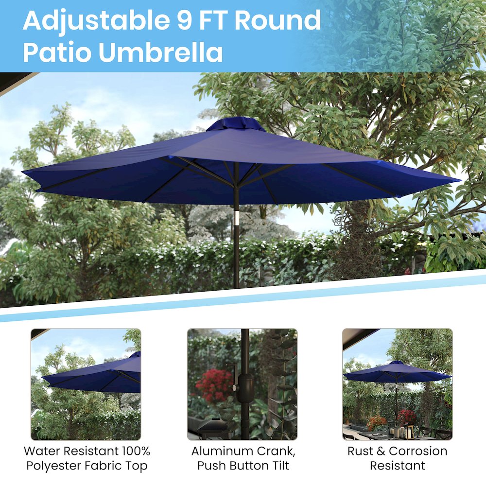 5 Piece Patio Set-2 Stacking Chairs, 35" Table, Navy Umbrella, Base