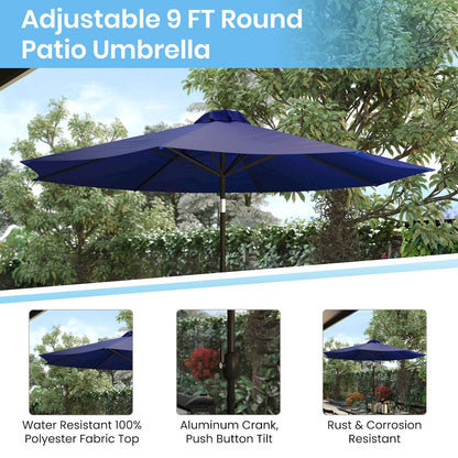 5 Piece Patio Set-2 Stacking Chairs, 35" Table, Navy Umbrella, Base