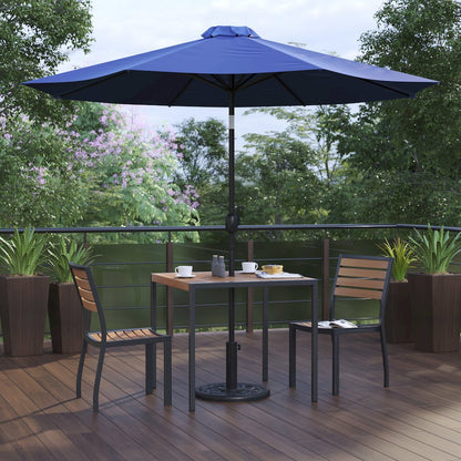 5 Piece Patio Set-2 Stacking Chairs, 35" Table, Navy Umbrella, Base