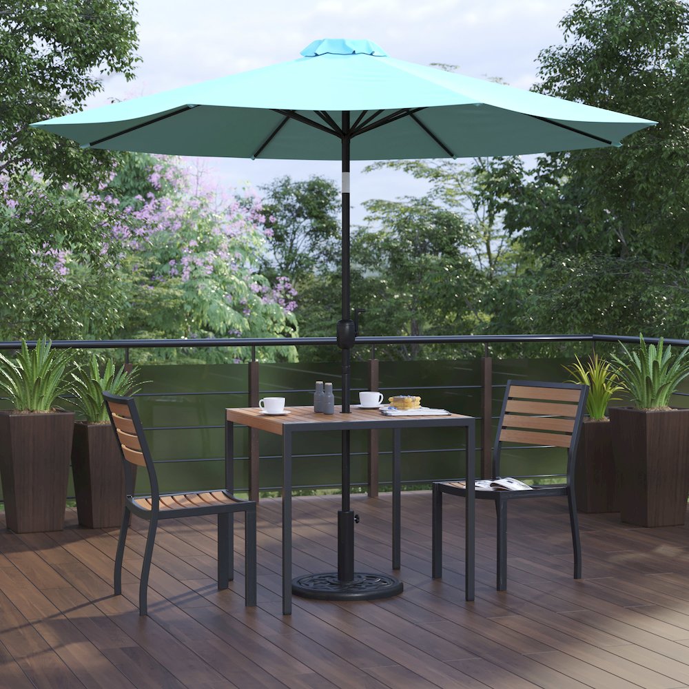 5 Piece Patio Set-2 Stacking Chairs, 35" Table, Teal Umbrella, Base