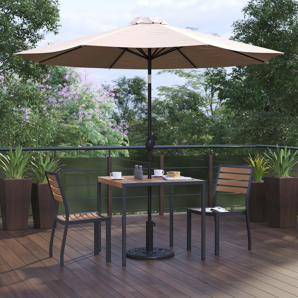 5 Piece Patio Set - 2 Stacking Chairs, 35" Table, Tan Umbrella, Base