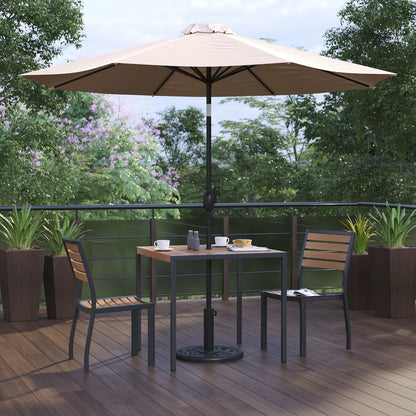 5 Piece Patio Set - 2 Stacking Chairs, 35" Table, Tan Umbrella, Base