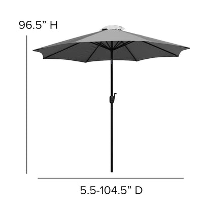 7 Piece Patio Set-4 Stacking Chairs, 35" Table, Gray Umbrella, Base