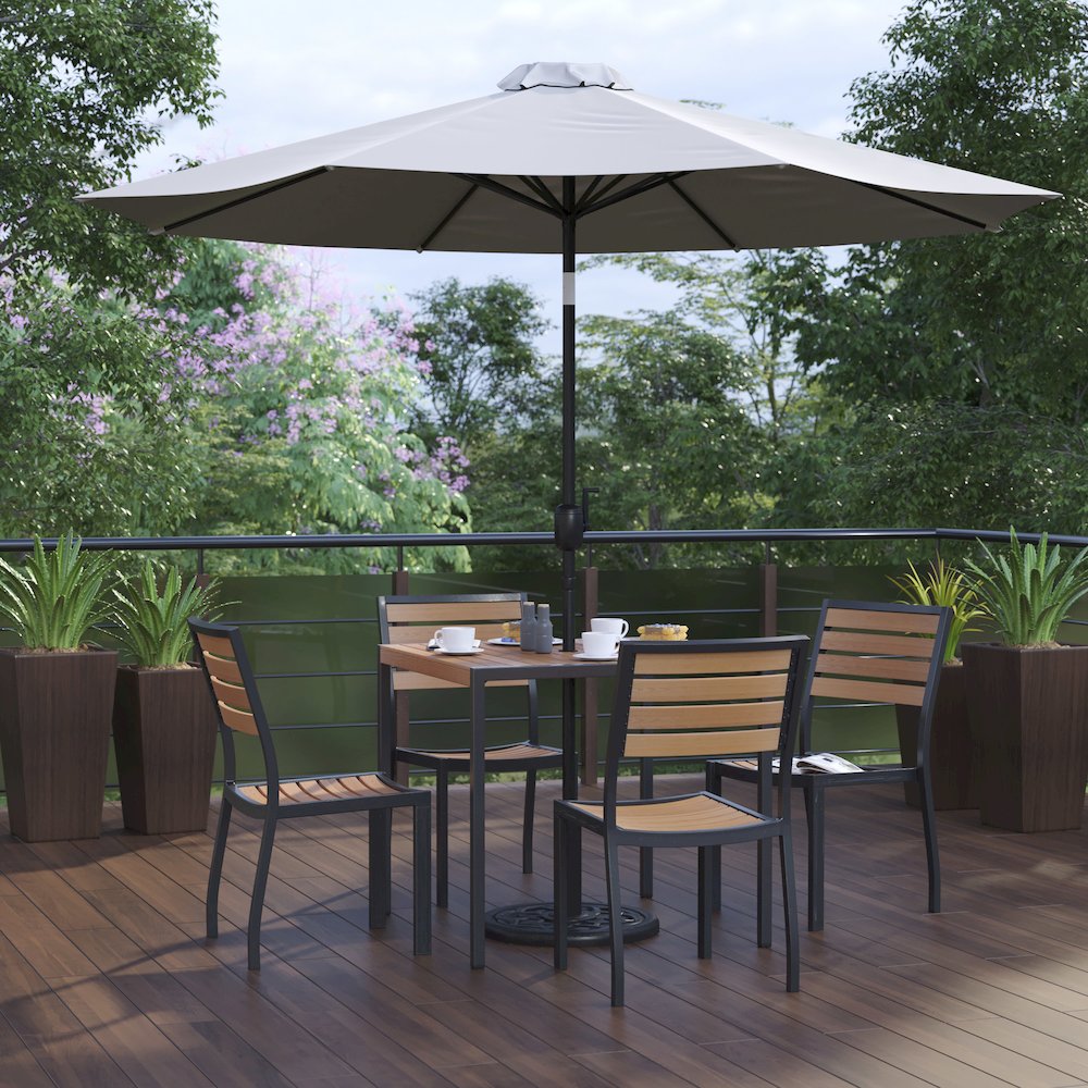 7 Piece Patio Set-4 Stacking Chairs, 35" Table, Gray Umbrella, Base