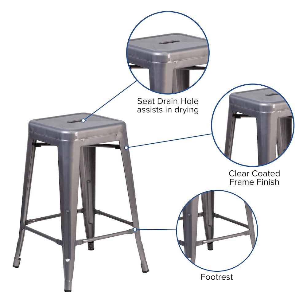24'' High Backless Clear Coated Metal Indoor Counter Height Stool with Seat