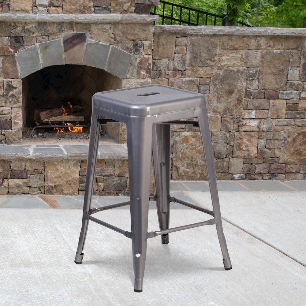 24'' High Backless Clear Coated Metal Indoor Counter Height Stool with Seat