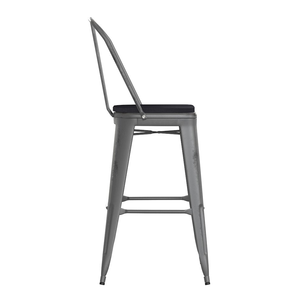 30'' High Clear Coated Indoor Barstool with Back and Black Poly Resin Wood Seat