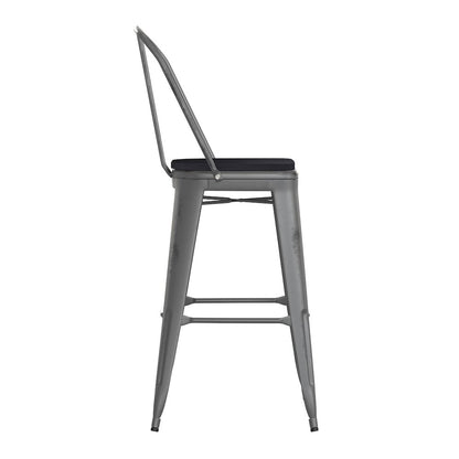 30'' High Clear Coated Indoor Barstool with Back and Black Poly Resin Wood Seat