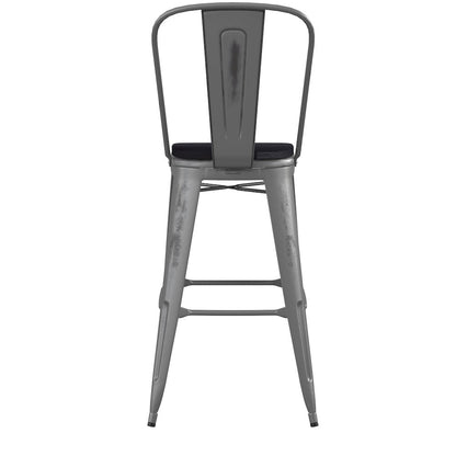 30'' High Clear Coated Indoor Barstool with Back and Black Poly Resin Wood Seat