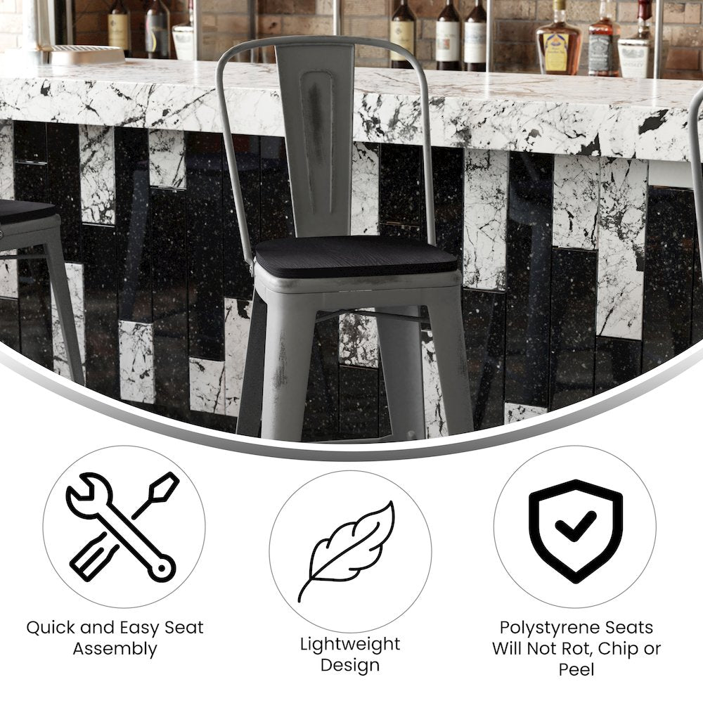 30'' High Clear Coated Indoor Barstool with Back and Black Poly Resin Wood Seat