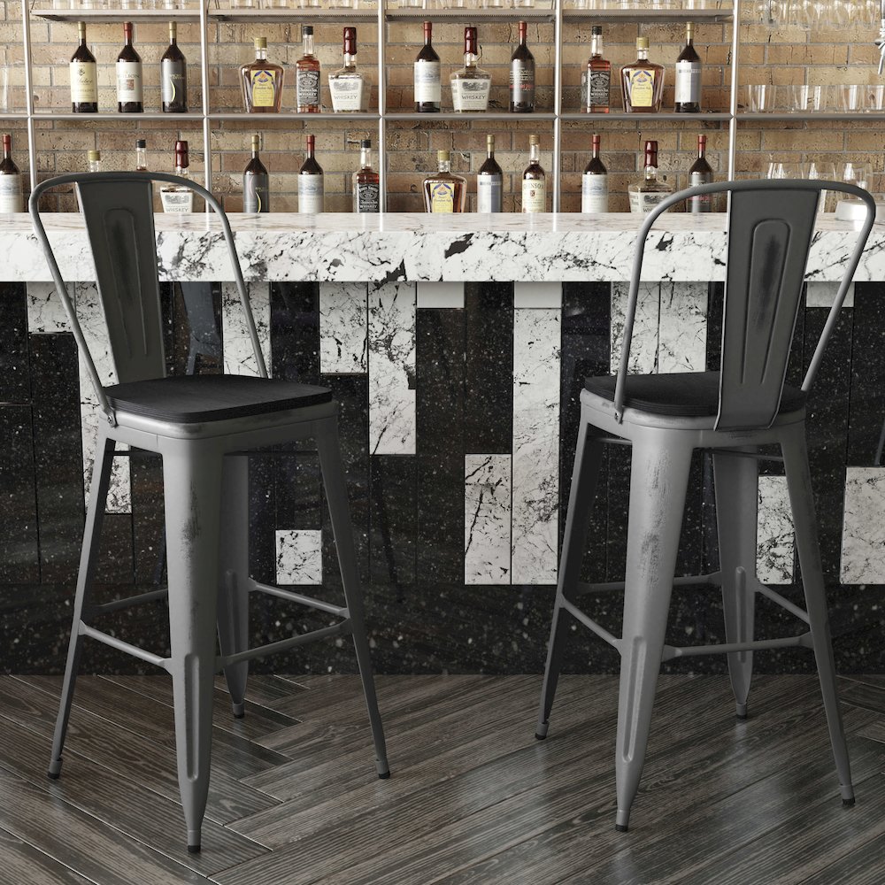 30'' High Clear Coated Indoor Barstool with Back and Black Poly Resin Wood Seat