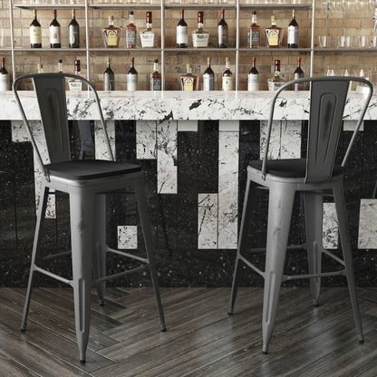 30'' High Clear Coated Indoor Barstool with Back and Black Poly Resin Wood Seat
