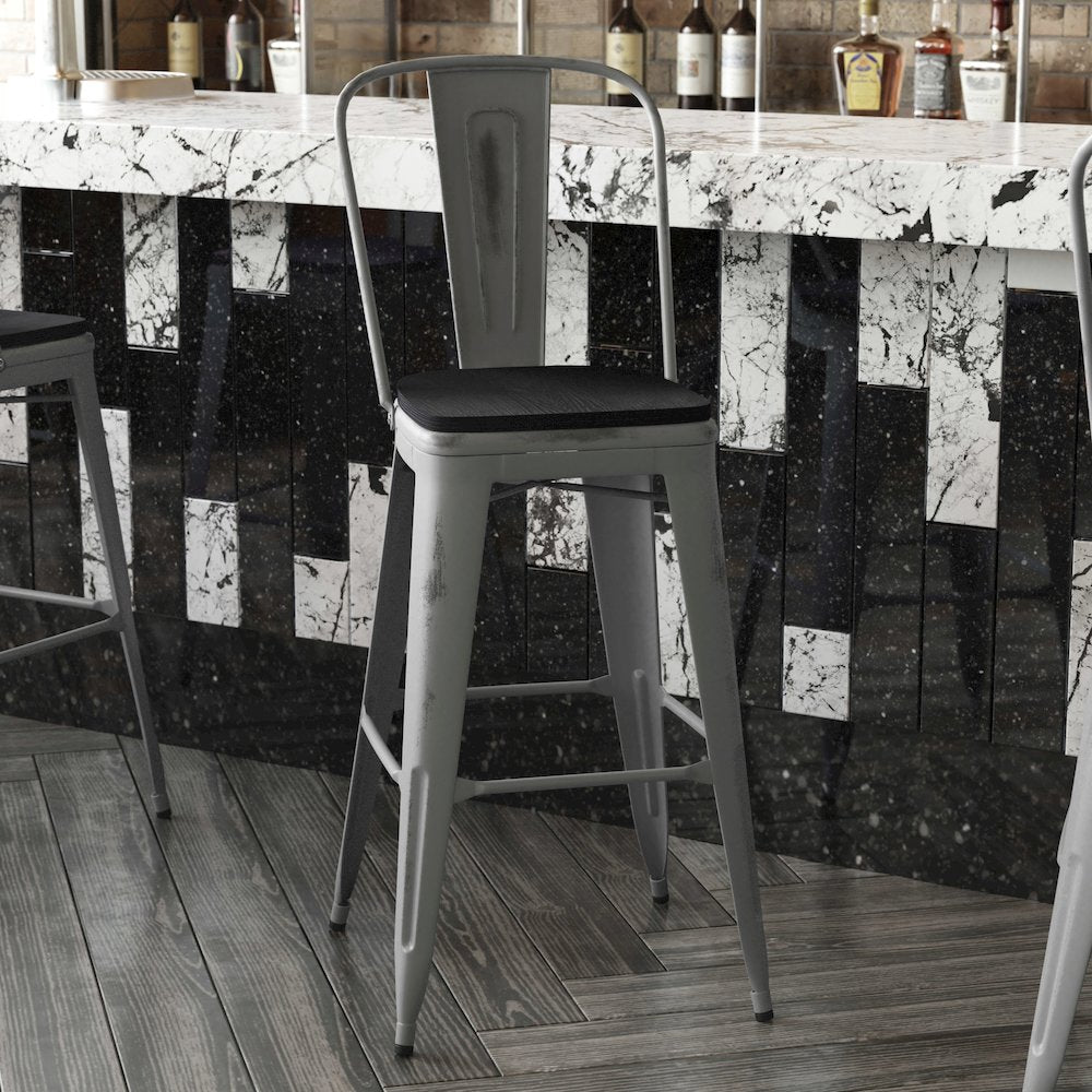 30'' High Clear Coated Indoor Barstool with Back and Black Poly Resin Wood Seat