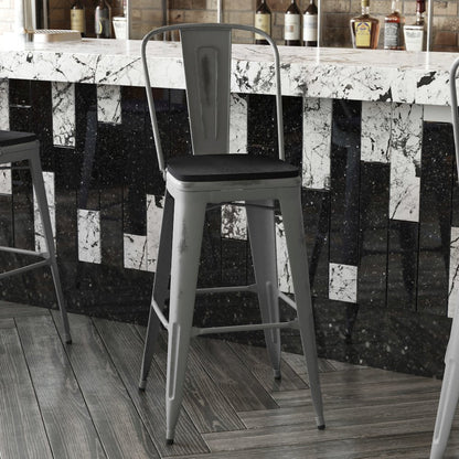 30'' High Clear Coated Indoor Barstool with Back and Black Poly Resin Wood Seat