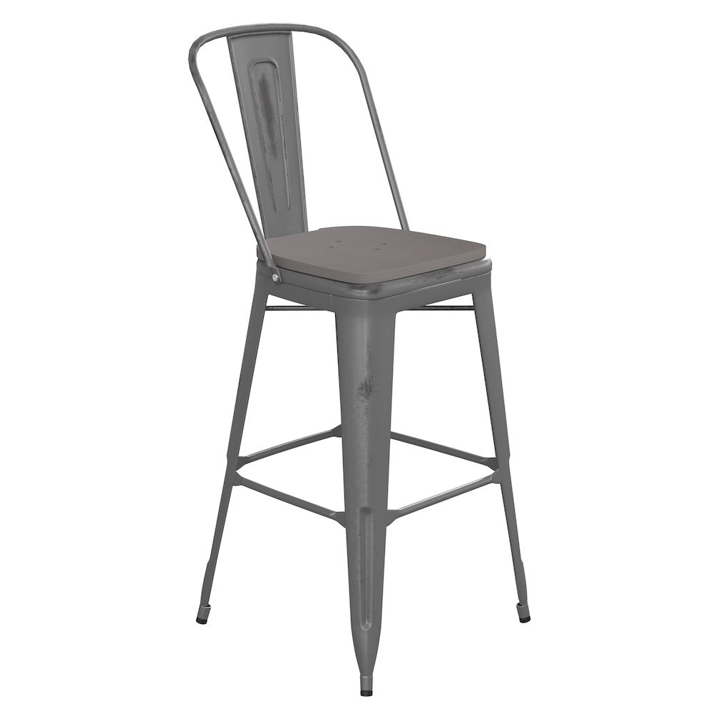 30'' High Clear Coated Indoor Barstool with Back and Gray Poly Resin Wood Seat