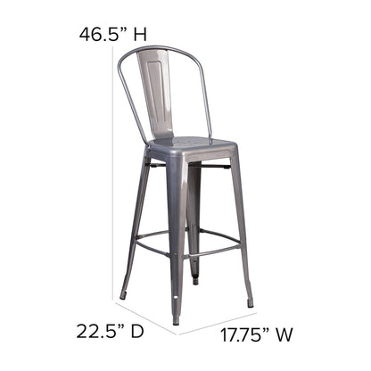 30'' High Clear Coated Indoor Barstool with Back and Gray Poly Resin Wood Seat