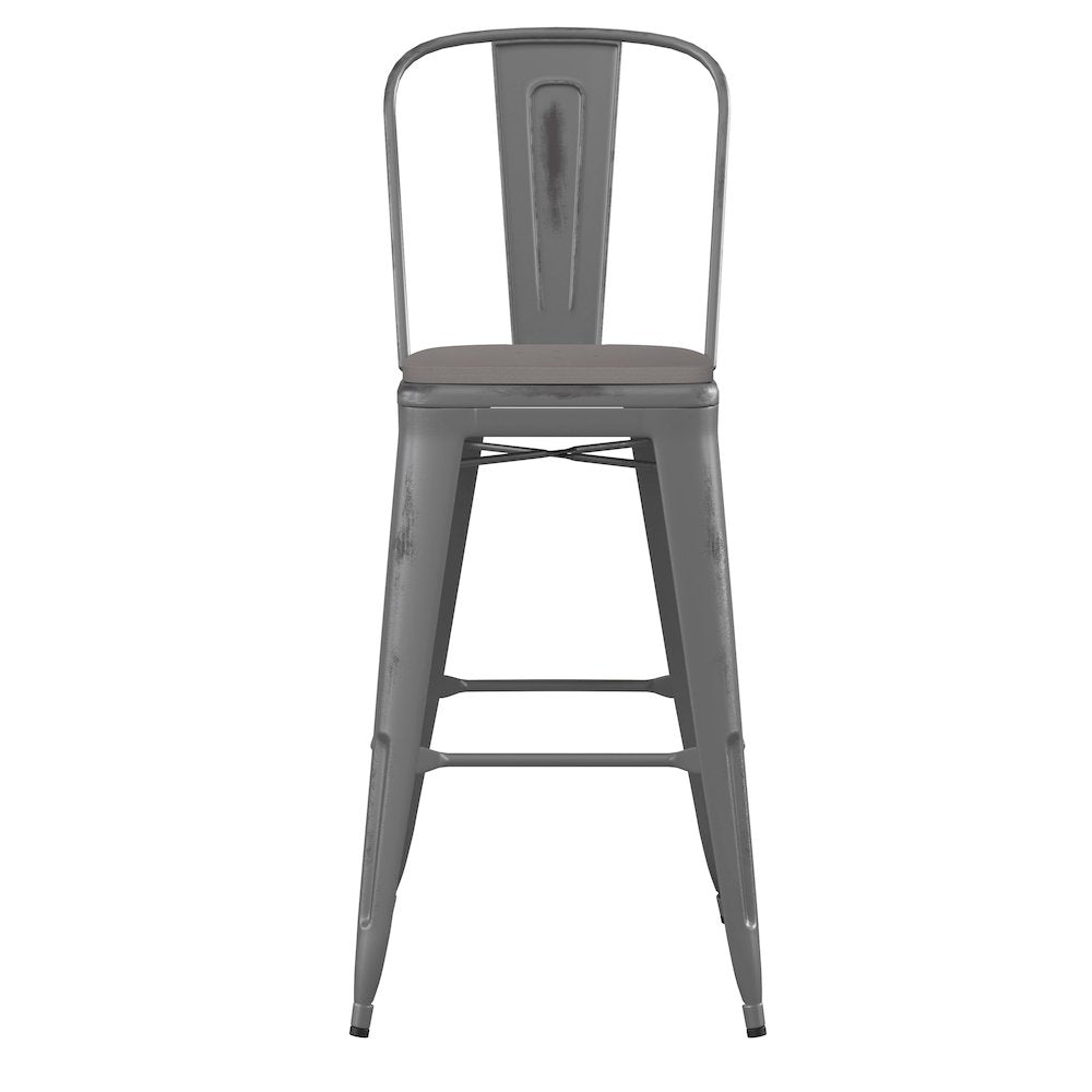 30'' High Clear Coated Indoor Barstool with Back and Gray Poly Resin Wood Seat
